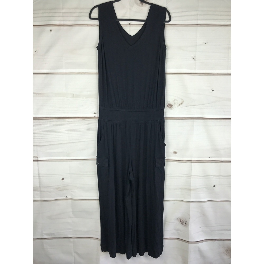 Lisa Rinna Jumpsuit Womens S Black Crop Knit Cargo Pockets Sleeveless V-Neck